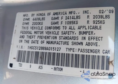 2009 Honda Accord 2.4 Ex-L из США, поврежденный, VIN 1HGCS12889A015127